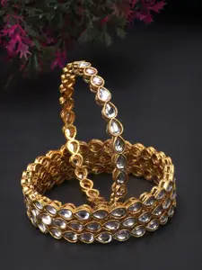 JEWELS GEHNA White & Gold Set of 4 Traditional Gold Plated White Kundan Studded Bangles