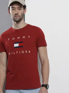 Tommy Hilfiger Men Red Brand Logo Embroidered Organic Cotton T-shirt
