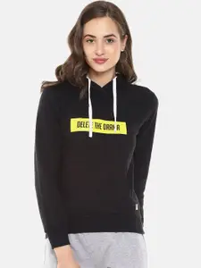 Campus Sutra Women Black & Yellow Typography Printed Hooded Sweatshirt
