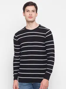 SPYKAR Men Black & White Striped Pullover Pure Cotton Sweater