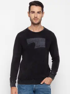 SPYKAR Men Black & Grey Printed Pullover Pure Cotton Sweater