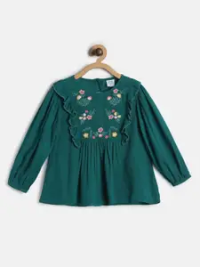 MINI KLUB Girls Green & Pink Floral Embroidered Regular Top