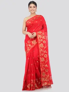 PinkLoom Red & Gold-Toned Woven Design Sustainable Saree
