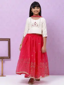 Biba Girls Red & Off White Embroidered Ready to Wear Lehenga & Blouse with Dupatta
