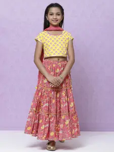 Biba Girls Peach-Coloured & Yellow Printed Cotton Ready to Wear Lehenga Choli & Dupatta
