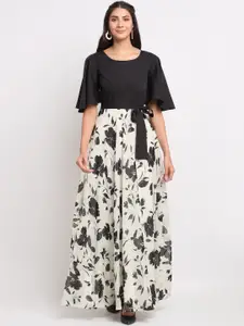 Just Wow Women Black & White Floral Printed Georgette Belted Maxi Dress