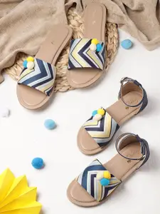 Sangria Girls Blue Striped Mid-Top Open Toe Flats with Pom-Pom Detail