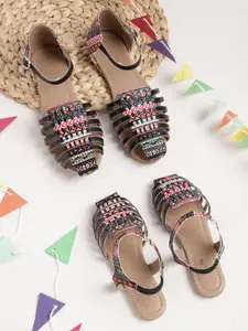 Sangria Girls Black & Red Woven Design Flats with Ethnic Prints