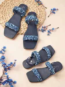 Sangria Girls Blue Printed Braided Open Toe Flats