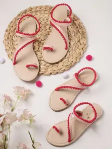 Sangria Girls Pink Solid One Toe Flats with Pom Pom Detail