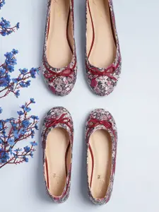 Sangria Girls Navy Blue & White Floral Print Ballerinas with Bows