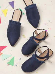 Sangria Girls Navy Blue Solid Suede Finish Flats with Fringed Detail