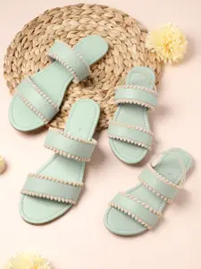 Sangria Girls Mint Green & Off-White Solid Open Toe Flats with Pom Pom Detail