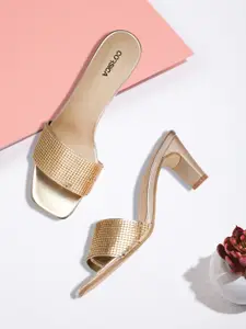 CORSICA Women Gold-Toned Western Embellished Block Heels
