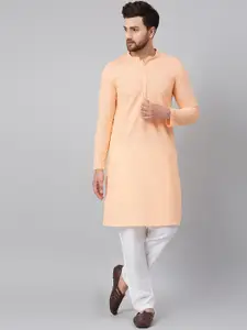 See Designs Men Peach-Coloured & White Embroidered Chikankari Cotton Kurta with Pyjamas