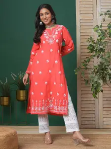 ADA Women Red Paisley Embroidered Chikankari Handloom Kurta