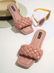Shoetopia Women Peach-Coloured Woven Design Open Toe Flats