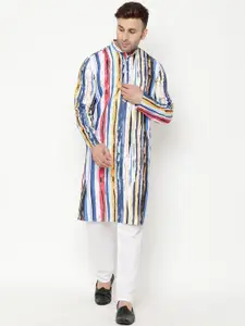 Hangup Men White Striped  Kurta