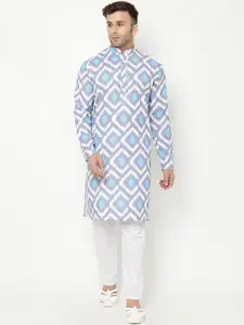 Hangup Men Blue Geometric Printed Kurta