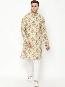 Hangup Men Tan & Pink Floral Printed Kurta