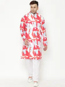 Hangup Men Red & White Abstract Printed Kurta
