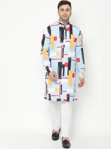 Hangup Men Blue Geometric Striped Flared Sleeves Kurta