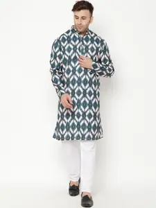 Hangup Men Green & White Abstract Printed Kurta