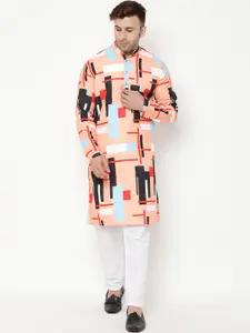 Hangup Men Orange & Black Geometric Printed Kurta