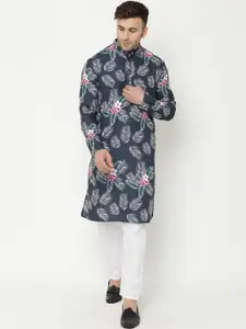 Hangup Men Navy Blue & White Floral Printed Kurta