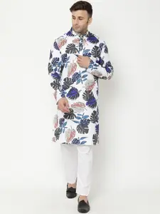 Hangup Men White & Brown Floral Printed Kurta
