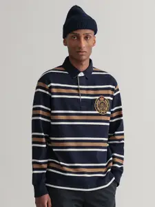 GANT Men Blue & Brown Striped Polo Collar T-shirt