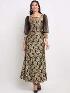 Just Wow Gold-Toned & Black Floral Lace Maxi Dress