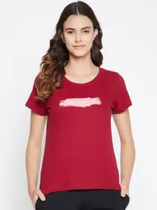 Clovia Clovia Women Maroon & Pink Printed Cotton Lounge T-Shirt