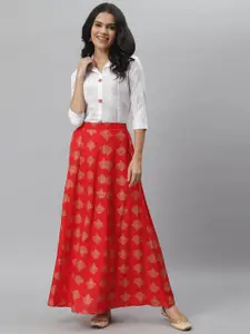 Stylum Women Off White & Red Printed Shirt with Skirt