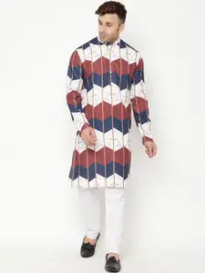 Hangup Men White & Navy Blue Geometric Printed Thread Work Kurta