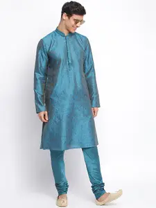Sanwara Men Turquoise Blue Woven Design Regular Kurta with Churidar