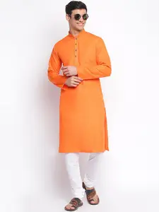 Sanwara Men Orange & White Solid Cotton Blend Kurta With Churidar
