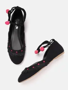Sangria Women Black Solid Ballerinas with Embroidered Detail