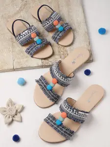Sangria Women Navy Blue & White Embellished Open Toe Flats with Fringed & Pom Pom Detail