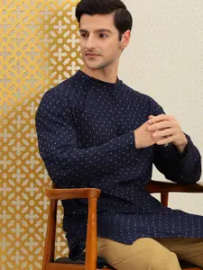 House of Pataudi Men Navy Blue Ethnic Motifs Printed Rozana Angrakha Kurta