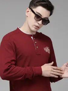U.S. Polo Assn. Denim Co. Men Red Typography Printed Pure Cotton Henley Neck T-shirt