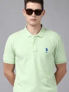 U.S. Polo Assn. U S Polo Assn Men Light Green Brand Logo Printed Polo Collar Pure Cotton Slim Fit T-shirt