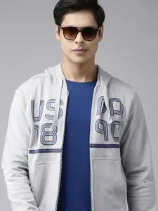 U.S. Polo Assn. U S Polo Assn Men Grey Melange & Blue Cotton Brand Logo Print Hooded Sweatshirt
