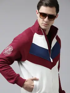 U.S. Polo Assn. U S Polo Assn Men Off White & Maroon Colourblocked Cotton Sweatshirt