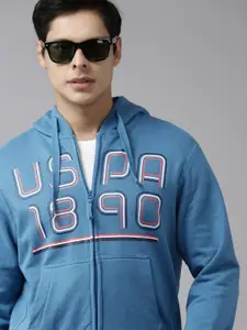U.S. Polo Assn. Men Blue & White Pure Cotton Brand Logo Print Hooded Sweatshirt