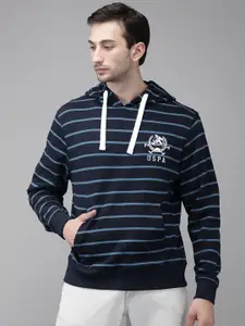 U.S. Polo Assn. U S Polo Assn Men Navy Blue Striped Hooded Pure Cotton Sweatshirt with Logo