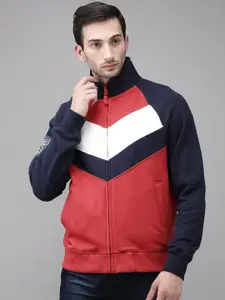 U.S. Polo Assn. U S Polo Assn Men Red And Navy-Blue Colourblocked Front-Open Cotton Sweatshirt