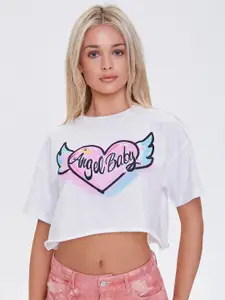 FOREVER 21 White and Pink Printed Extended Sleeves Boxy Crop Top