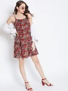 Berrylush Maroon & White Printed Floral Crepe Dress