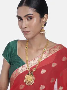 ASMITTA JEWELLERY Multi String Long Peacock Inspired Meenakari Gold Toned Necklace Set